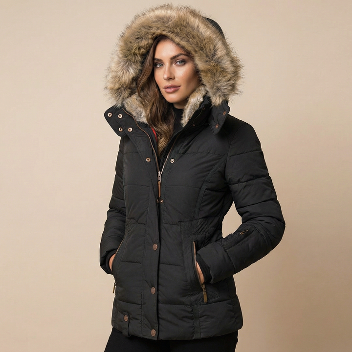 Doudoune Cintrée en Coton | Col Fourrure Amovible Moderne – Noir #couleur_noir