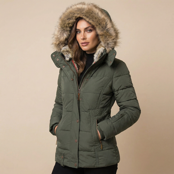 Doudoune Cintrée en Coton | Col Fourrure Amovible Moderne – Vert olive #couleur_vert-olive