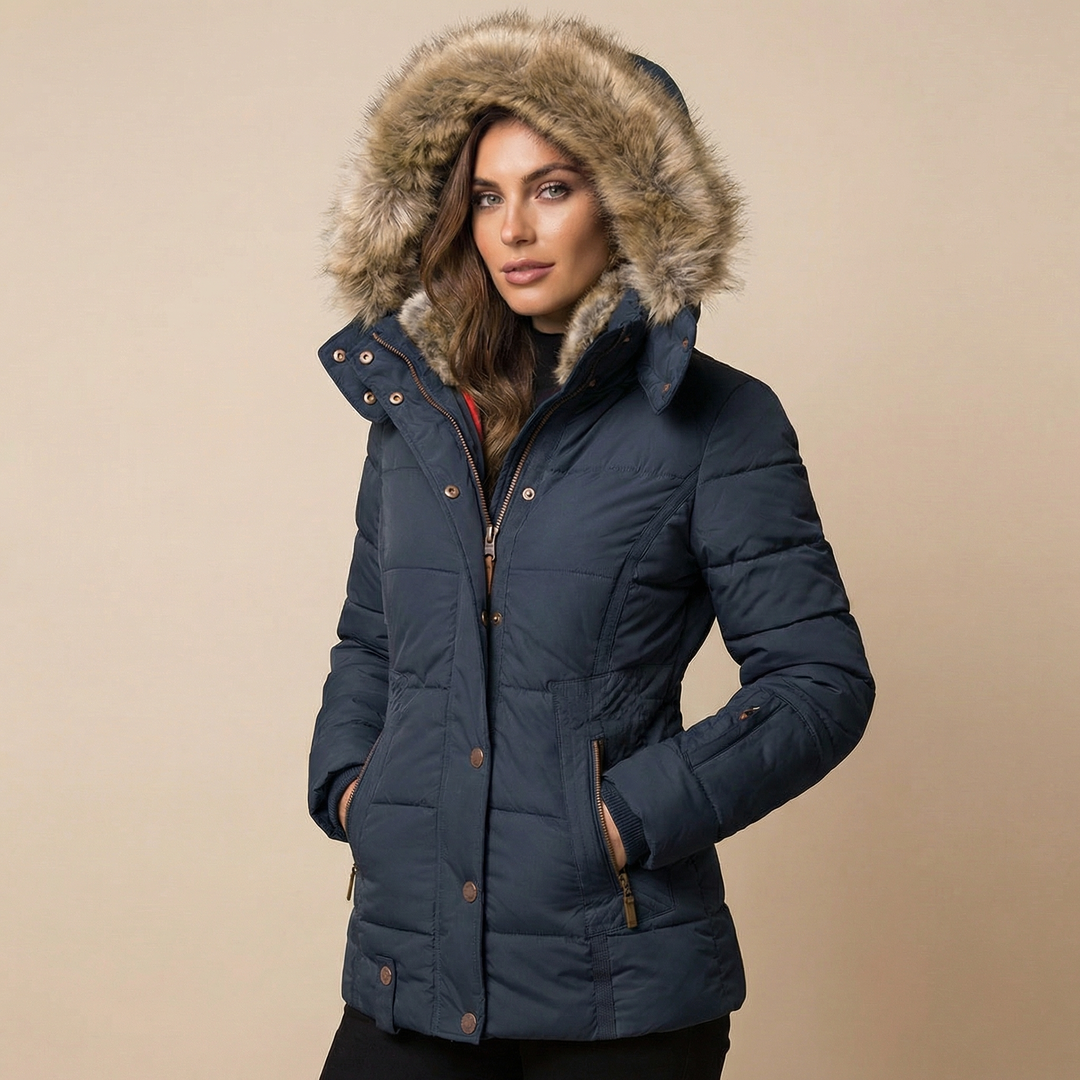 Doudoune Cintrée en Coton | Col Fourrure Amovible Moderne – Marine #couleur_marine