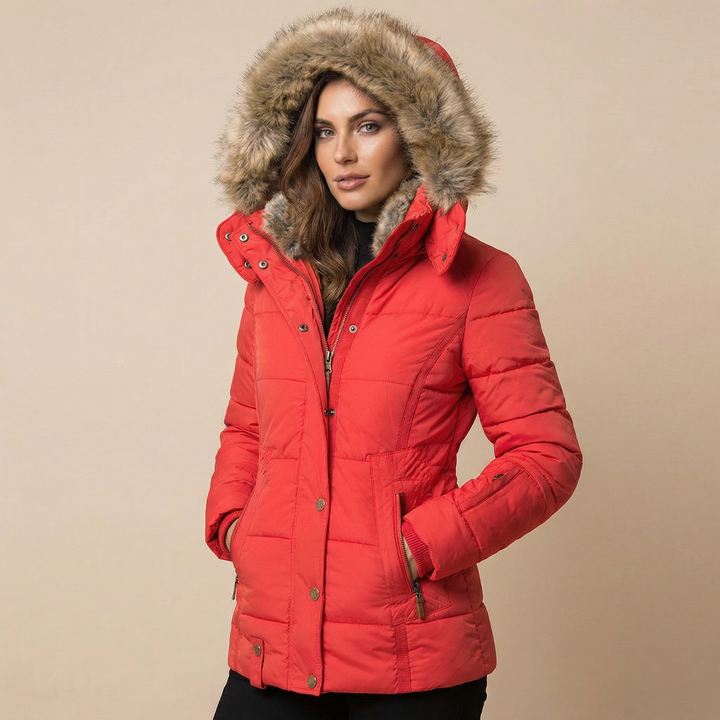 Doudoune Cintrée en Coton | Col Fourrure Amovible Moderne – Rouge #couleur_rouge