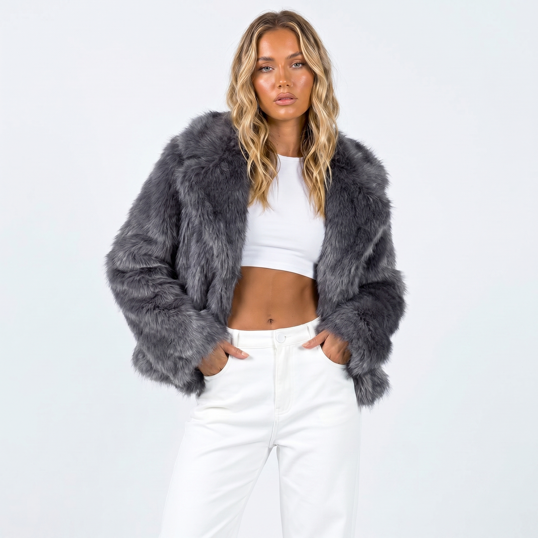 Veste Fausse Fourrure Femme | Col Châle Coupe Ouverte Élégante in Gris#couleur_gris
