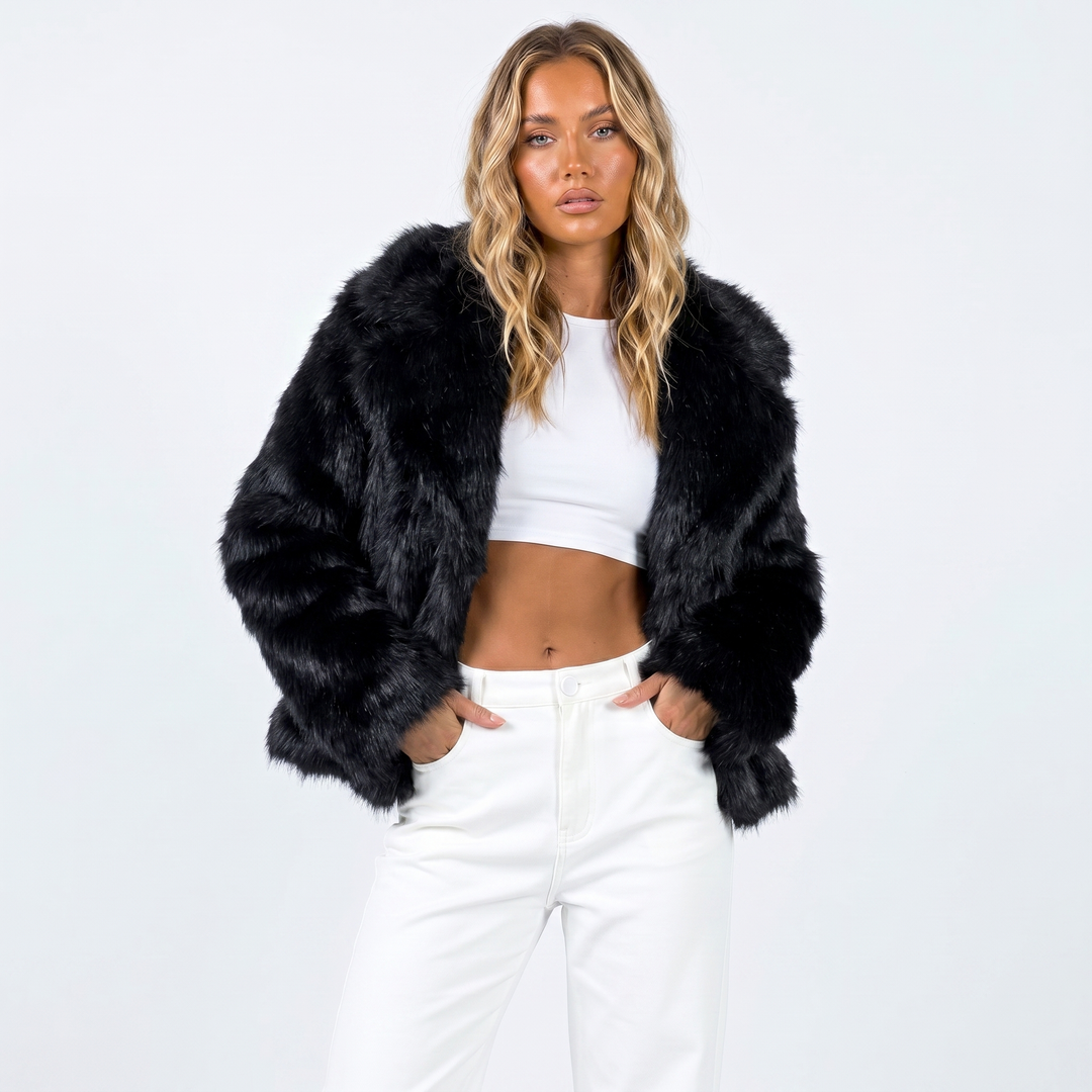 Veste Fausse Fourrure Femme | Col Châle Coupe Ouverte Élégante in Noir#couleur_noir