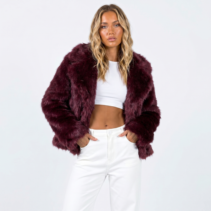 Veste Fausse Fourrure Femme | Col Châle Coupe Ouverte Élégante in Bordeaux#couleur_bordeaux