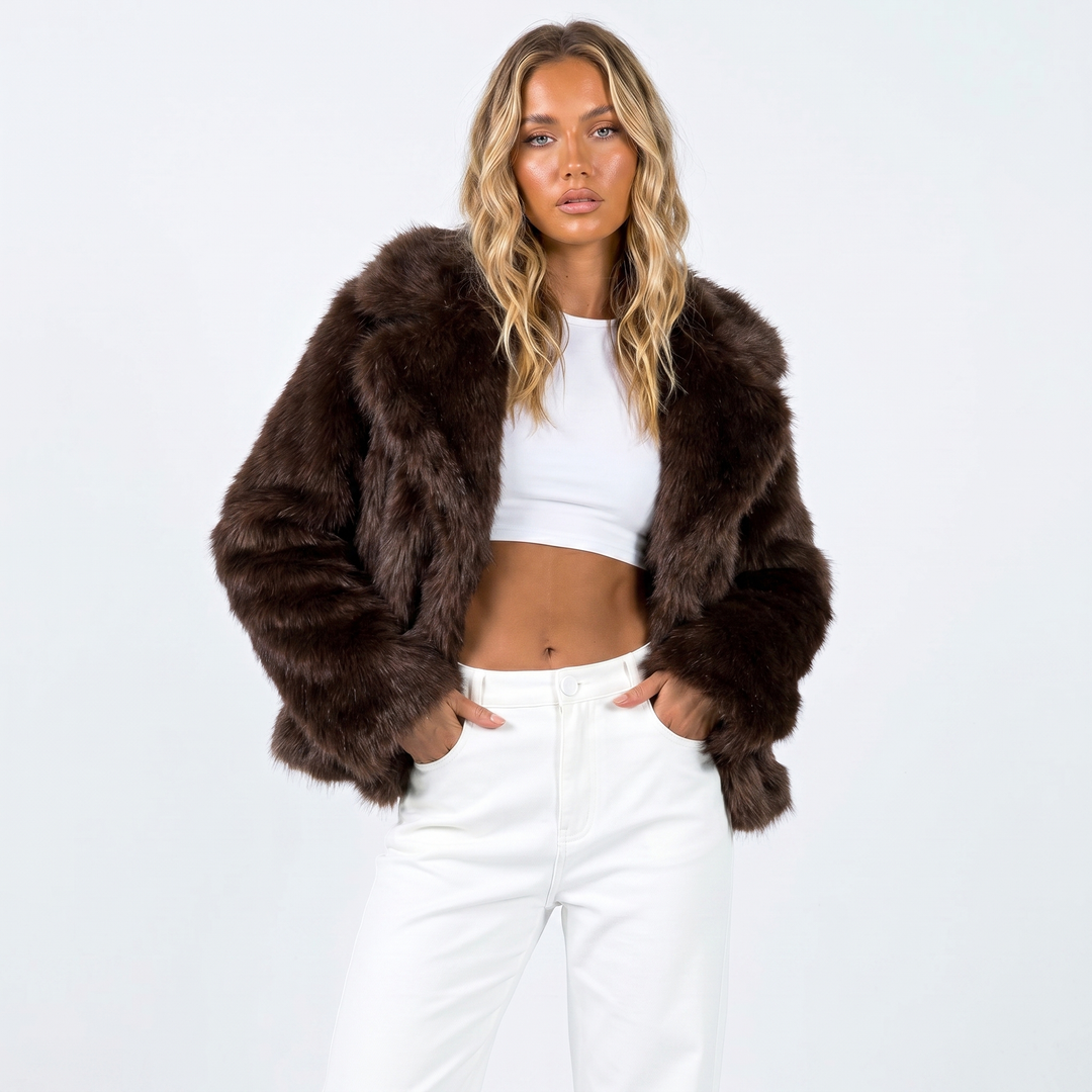 Veste Fausse Fourrure Femme | Col Châle Coupe Ouverte Élégante in Marron#couleur_marron