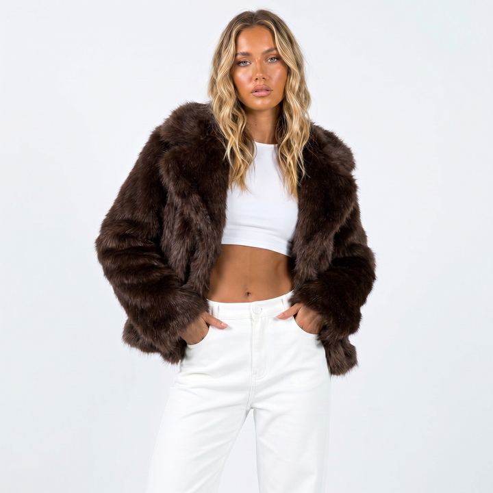 Veste Fausse Fourrure Femme | Col Châle Coupe Ouverte Élégante in Marron#couleur_marron