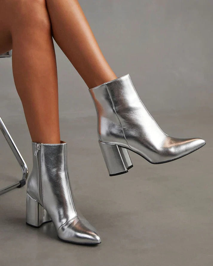 Boots Femme Tendance Métallisées | Talon Bloc et Finition Argent in Argenté#couleur_argent