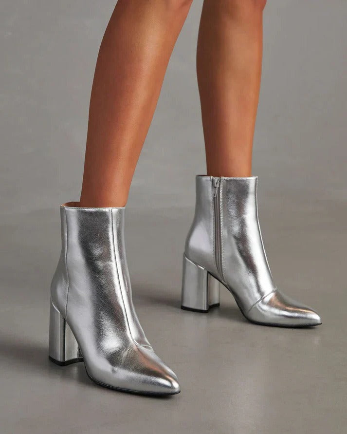 Boots Femme Tendance Métallisées | Talon Bloc et Finition Argent in Argenté#couleur_argent