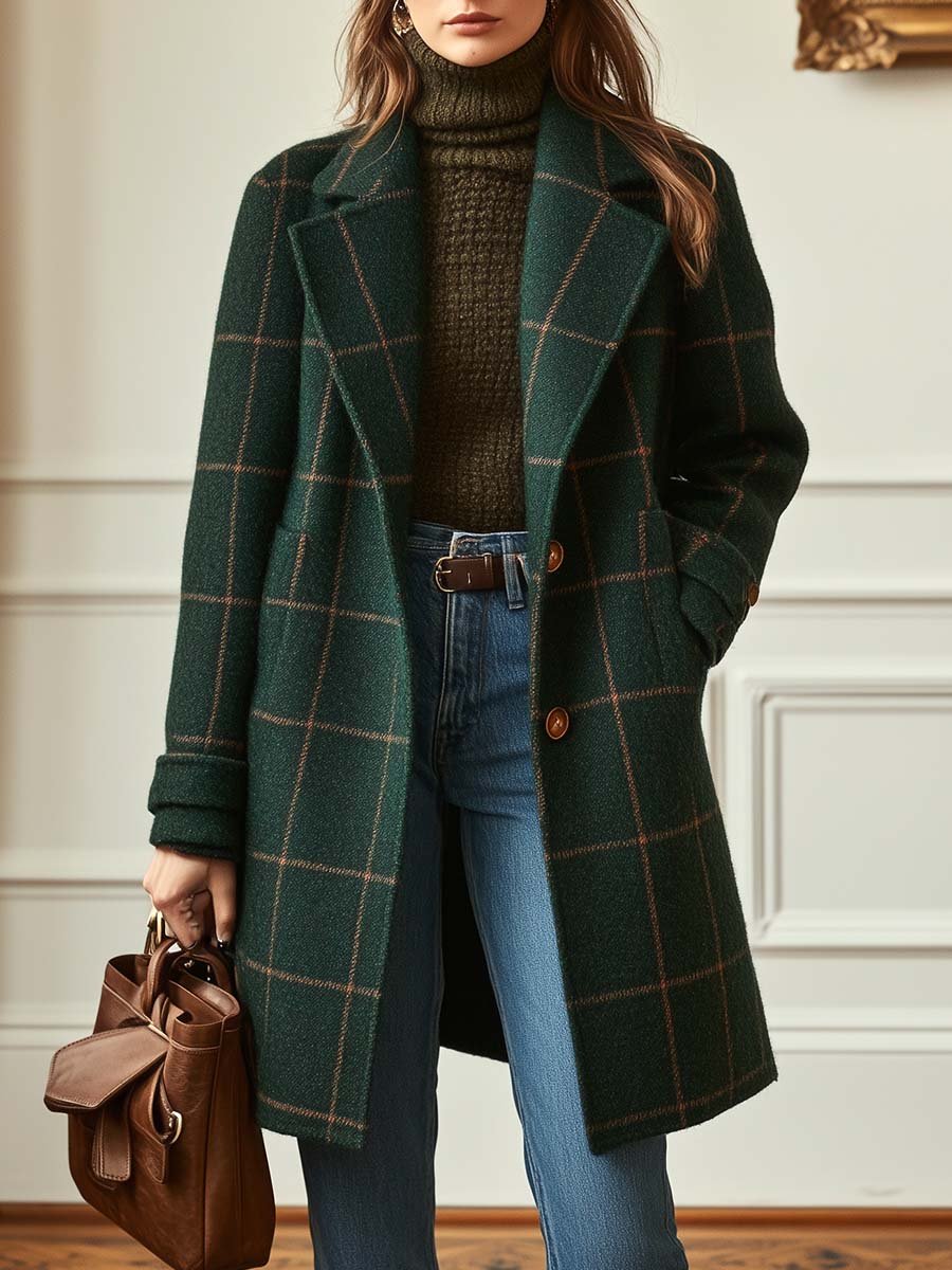 Manteau Court à Carreaux Fenêtre | Double Boutonnage Classique – Vert foncé #couleur_vert-fonc