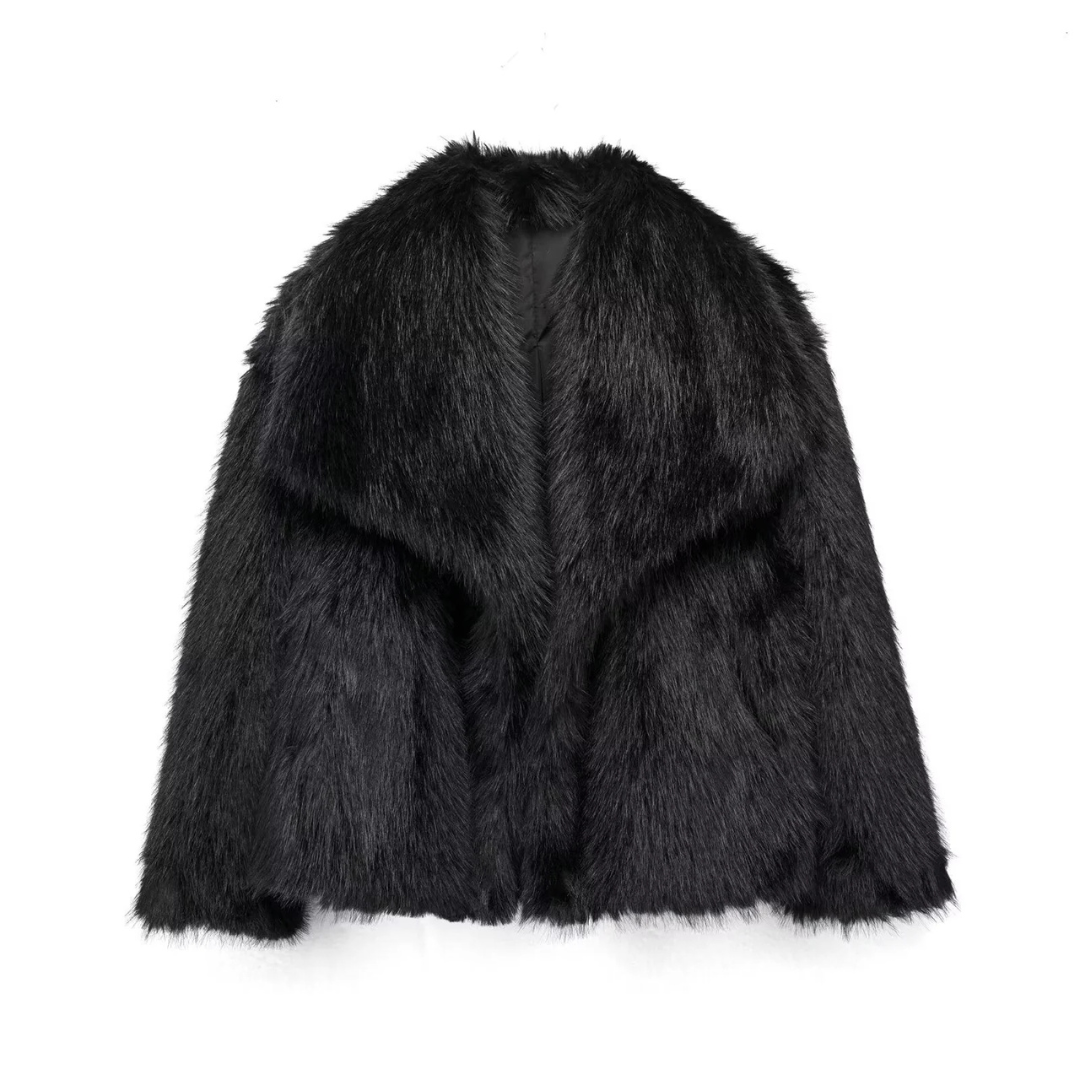 Veste Fausse Fourrure Femme Col Large | Manches Longues Chic in Noir#couleur_noir