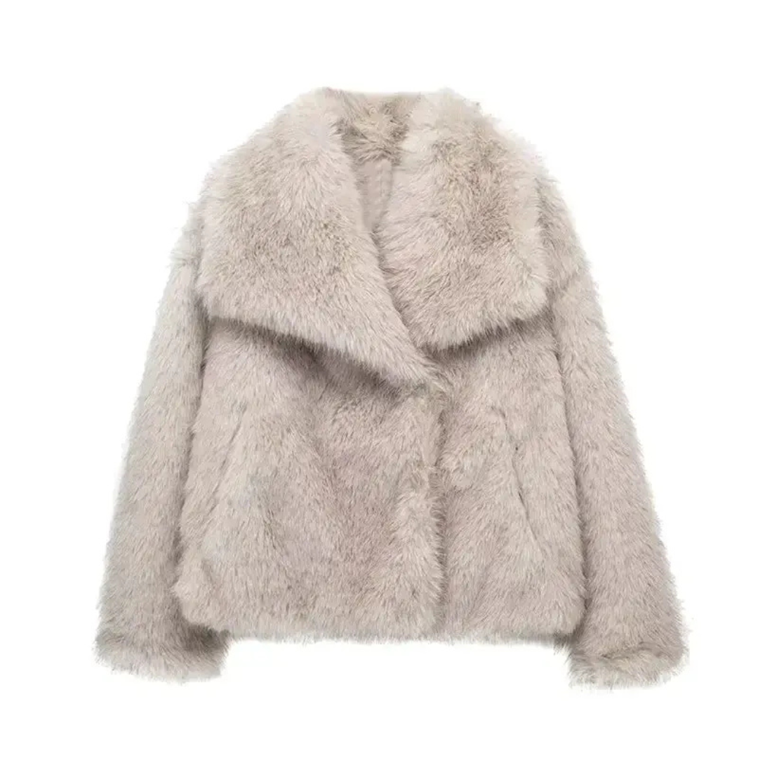Veste Fausse Fourrure Femme Col Large | Manches Longues Chic in Beige#couleur_beige