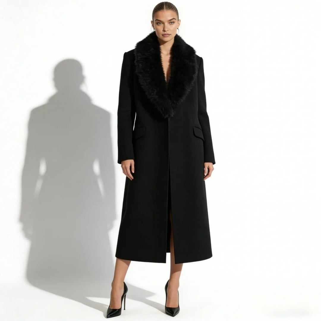Manteau Long Col en Peau Lainée | Ceinture à Nouer Chic – Noir #couleur_noir