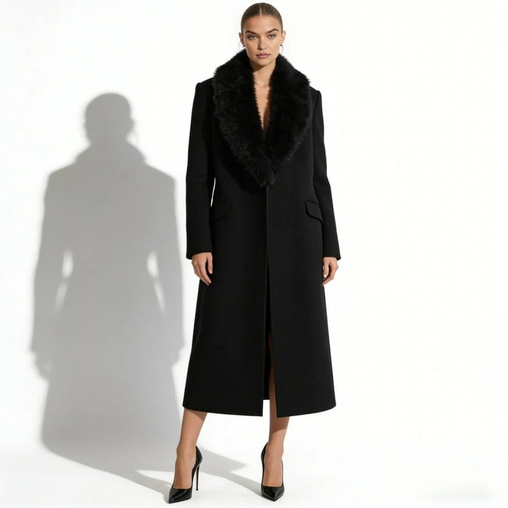 Manteau Long Col en Peau Lainée | Ceinture à Nouer Chic – Noir #couleur_noir