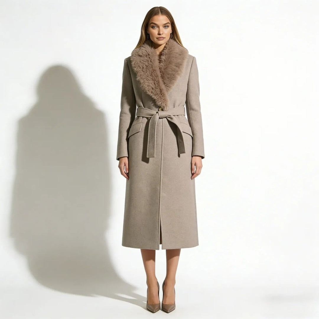 Manteau Long Col en Peau Lainée | Ceinture à Nouer Chic – Taupe #couleur_taupe