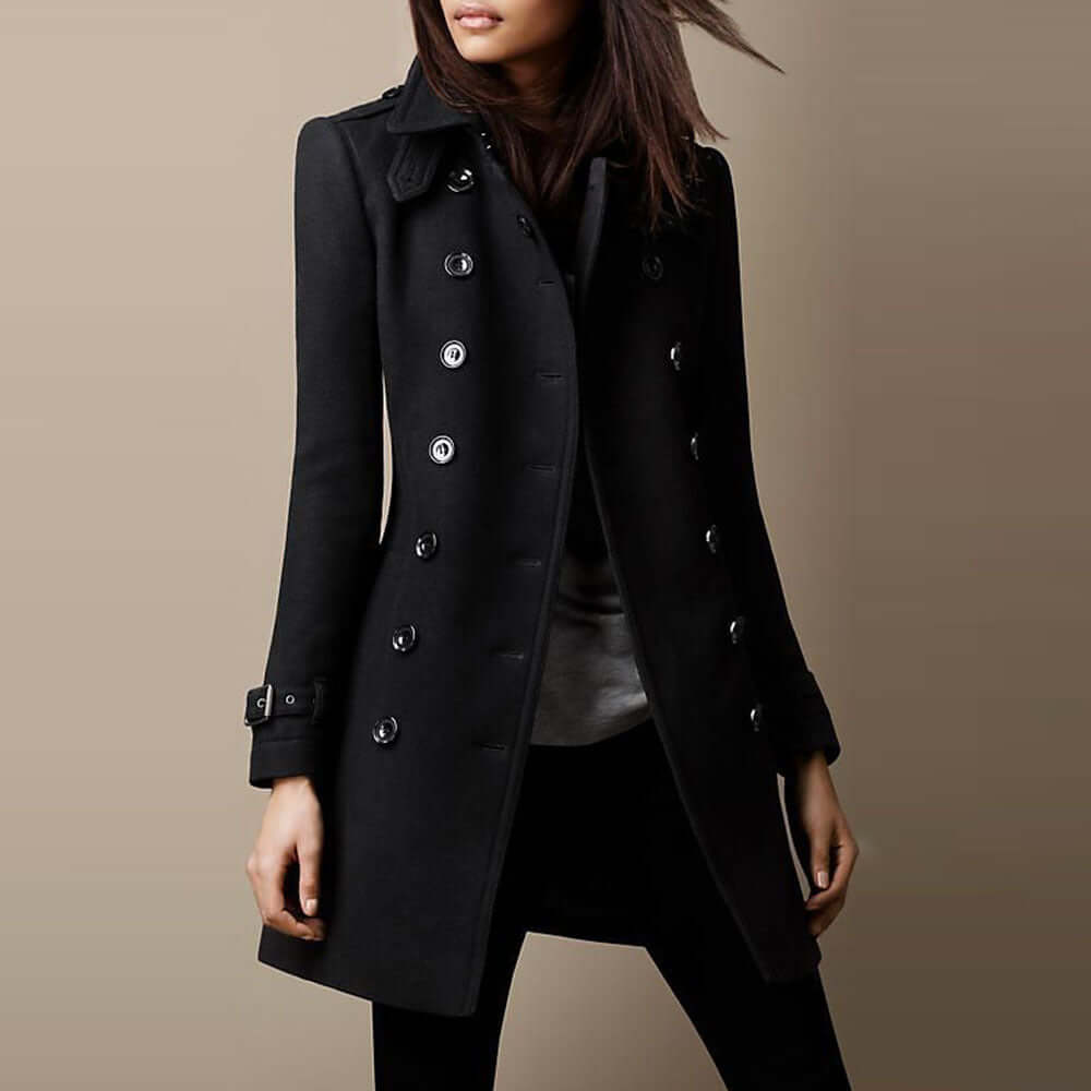 Manteau Long à Boutons Métalliques | Coupe Militaire Raffinée – Noir #couleur_noir