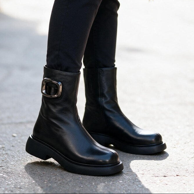 Bottes en Cuir Femme Mi Hautes | Boucle Carrée Intemporelles #couleur_noir