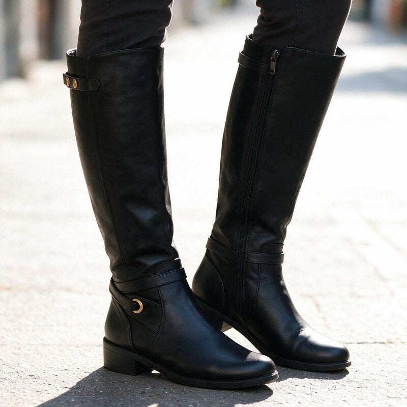 Bottes en Cuir Femme Tige Haute | Sangle à Boucle Intemporelle #couleur_noir