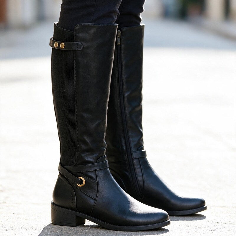Bottes en Cuir Femme Tige Haute | Sangle à Boucle Intemporelle – Noir #couleur_noir