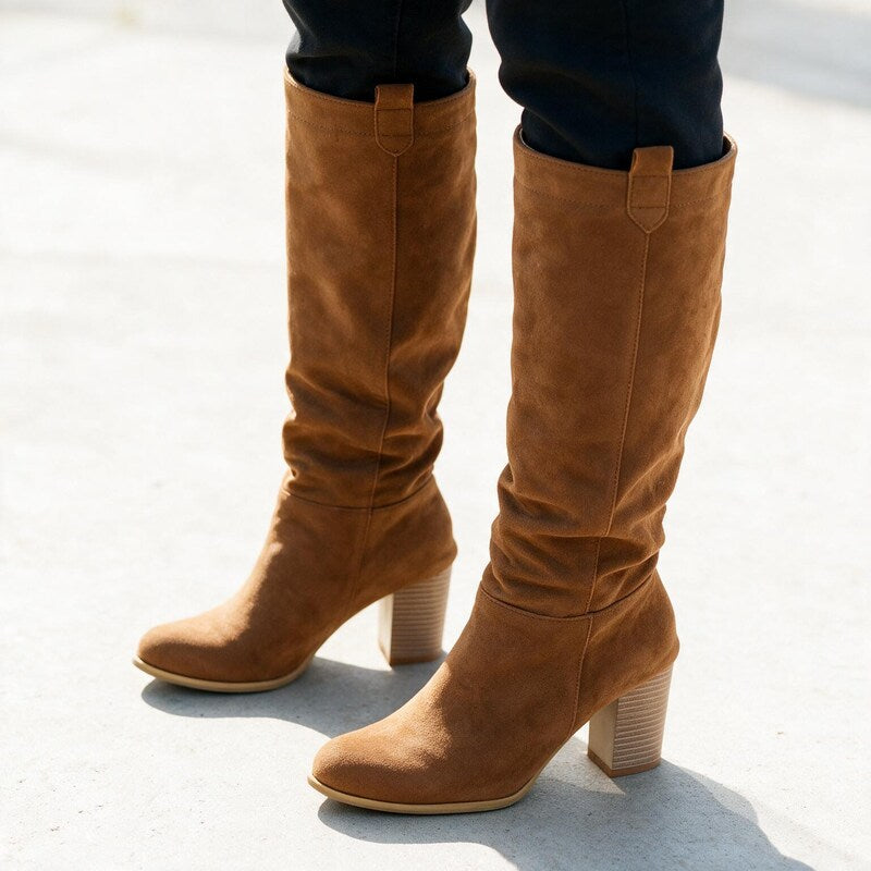 Bottes Femme en Daim Tige Haute | Talon Bloc Élégante – Camel #couleur_camel