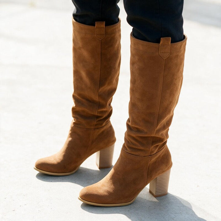 Bottes Femme en Daim Tige Haute | Talon Bloc Élégante – Camel #couleur_camel