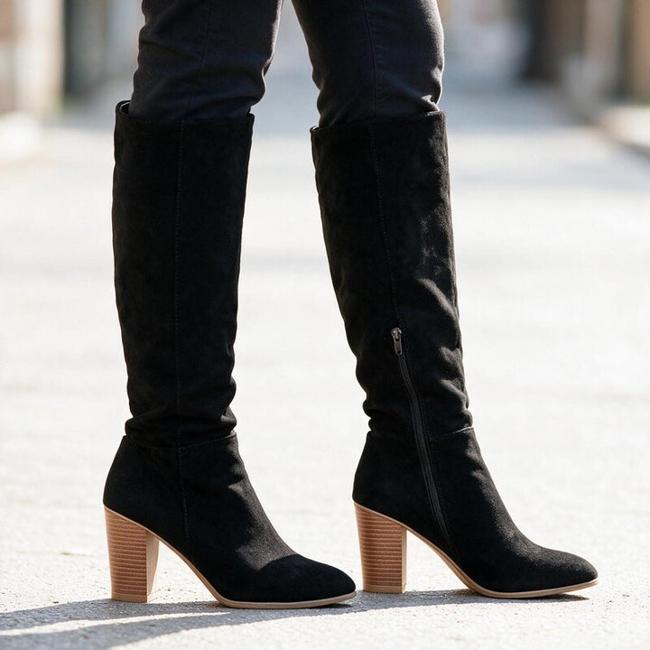 Bottes Femme en Daim Tige Haute | Talon Bloc Élégante – Noir #couleur_noir