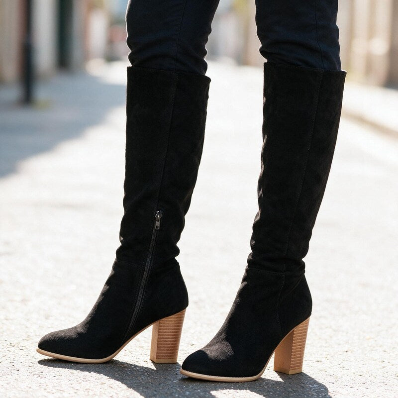 Bottes Femme en Daim Tige Haute | Talon Bloc Élégante #couleur_noir