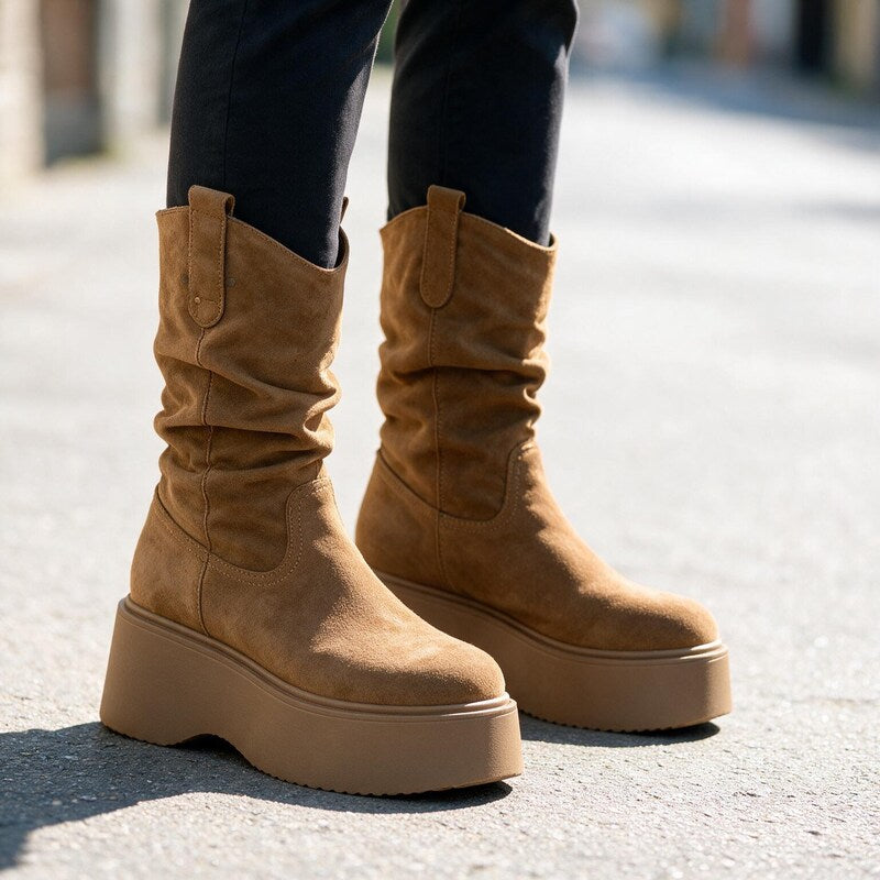 Bottes Femme Mi Hautes à Plateforme | Daim Plissé Confortables #couleur_camel