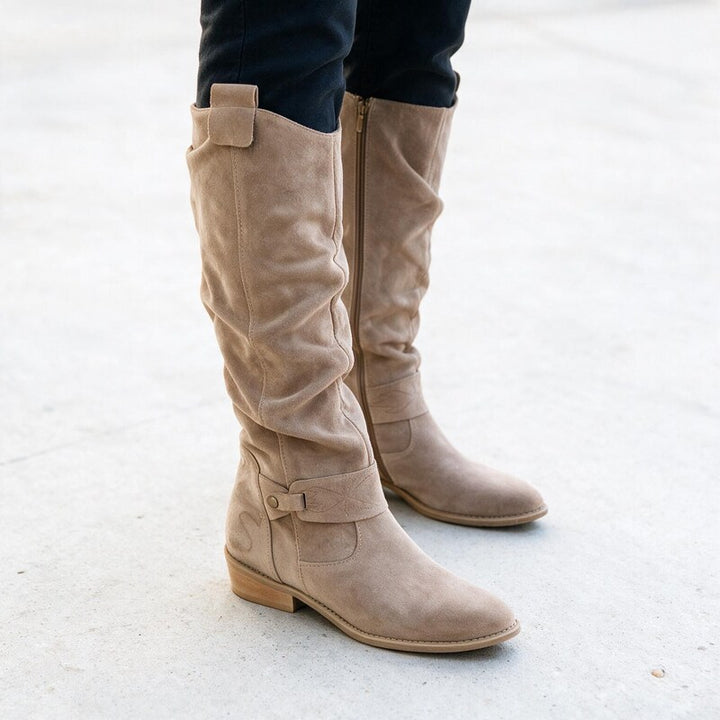 Bottes Femme Souples Plissées | Tige Haute en Daim Décontractée – Beige #couleur_beige