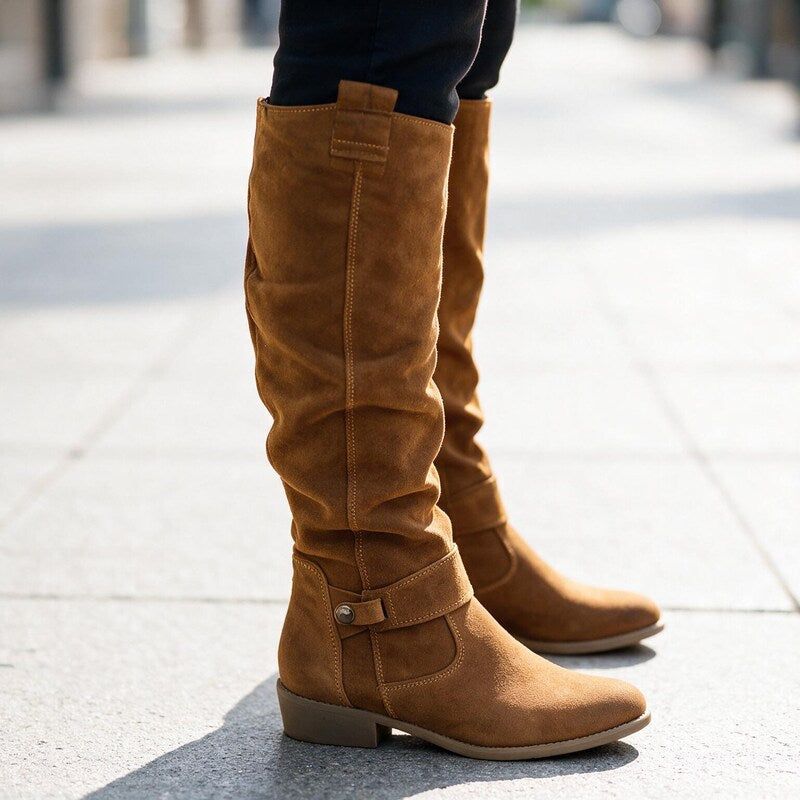 Bottes Femme Souples Plissées | Tige Haute en Daim Décontractée – Camel #couleur_camel
