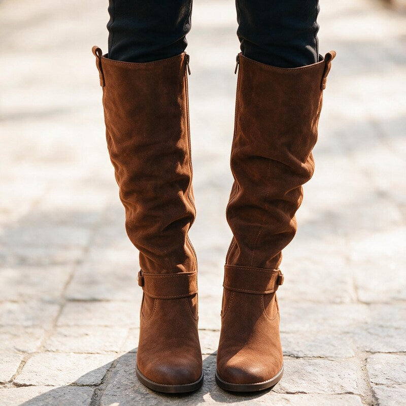 Bottes Femme Souples Plissées | Tige Haute en Daim Décontractée – Marron #couleur_marron