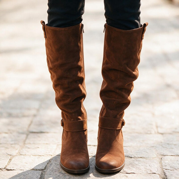 Bottes Femme Souples Plissées | Tige Haute en Daim Décontractée – Marron #couleur_marron