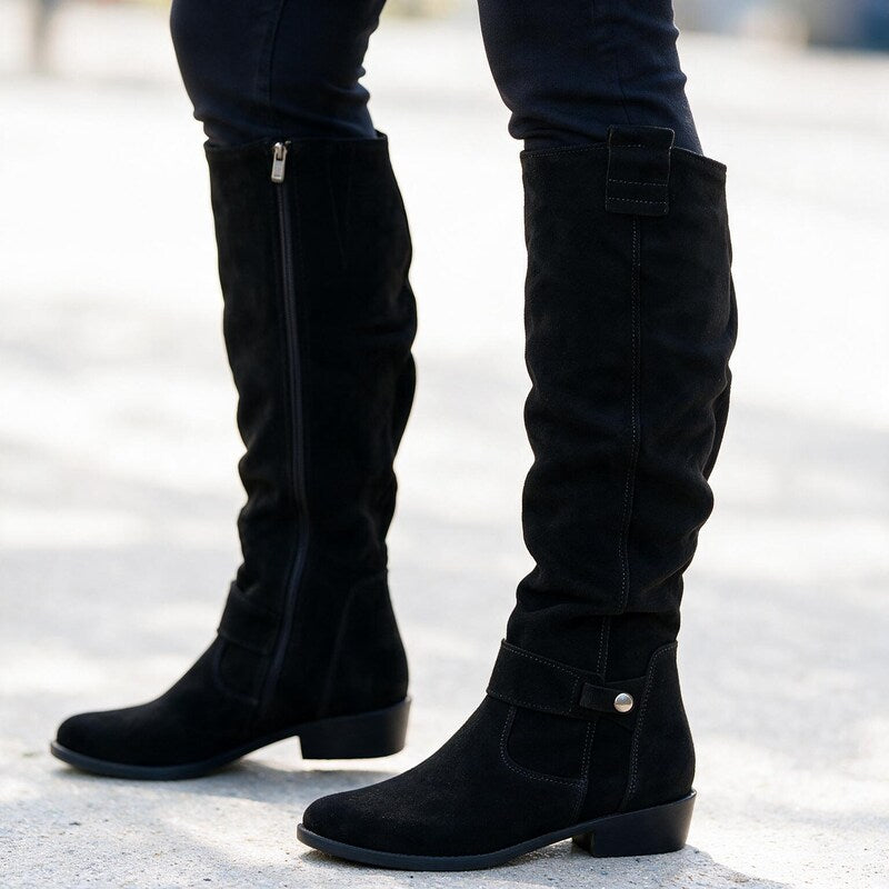 Bottes Femme Souples Plissées | Tige Haute en Daim Décontractée – Noir #couleur_noir