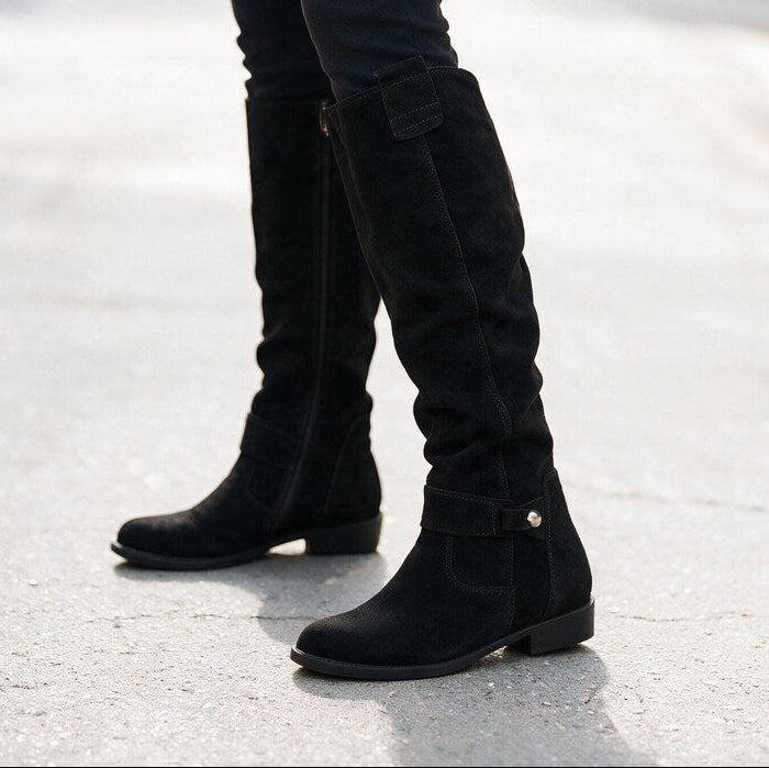 Bottes Femme Souples Plissées | Tige Haute en Daim Décontractée #couleur_noir