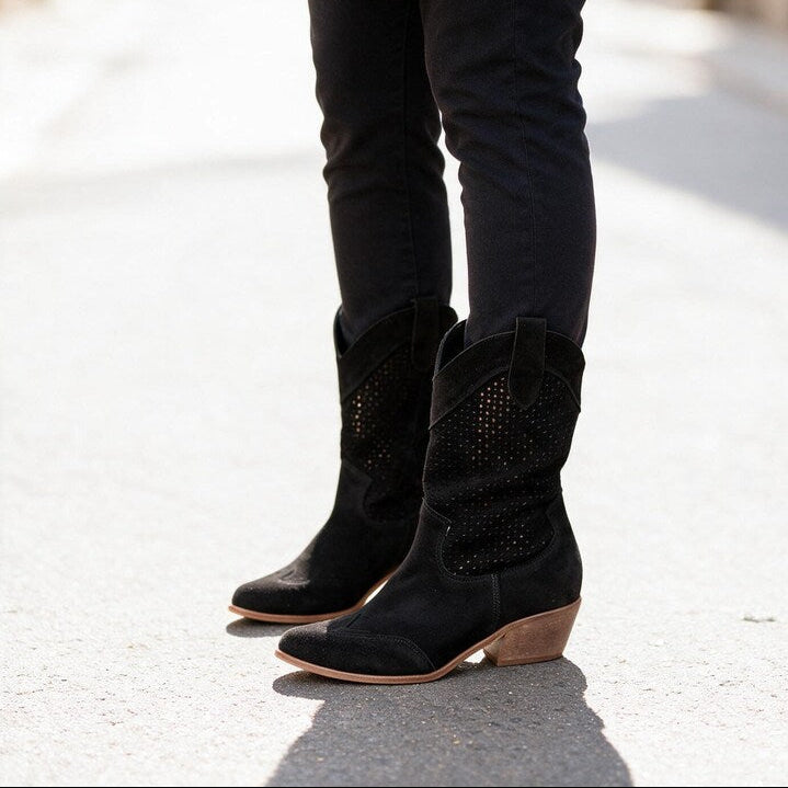 Bottes Femme Western Ajourées | Talon Santiag Décontractées #couleur_noir