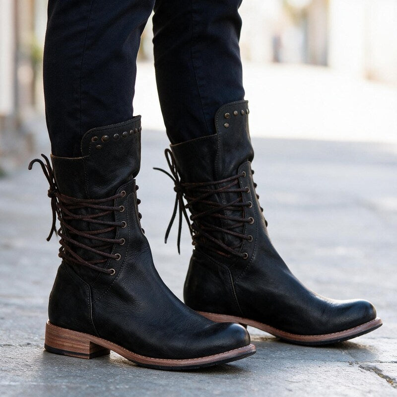 Bottines à Lacets Style Rangers | Cuir Vieilli Robuste #couleur_noir