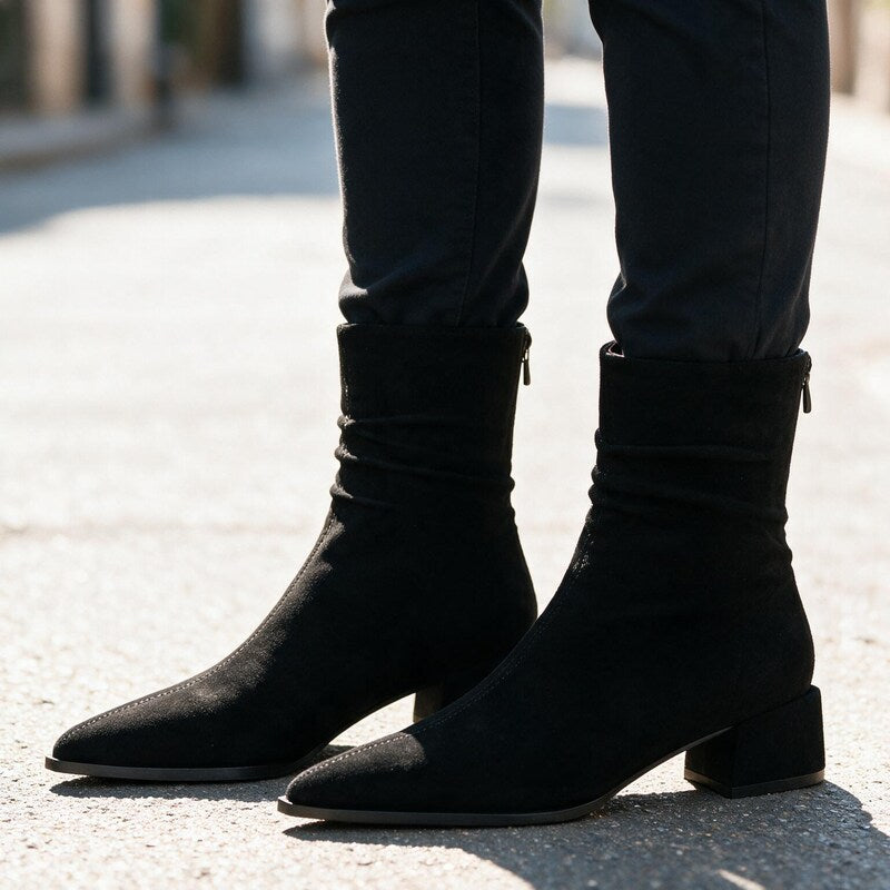 Bottines Drapées en Daim | Bout Pointu Élégantes #couleur_noir