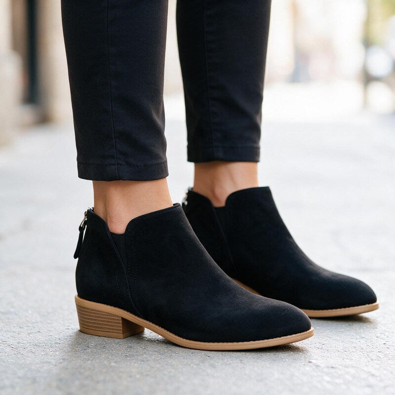 Bottines en Daim Talon Bloc | Bout Amande Confortable – Noir #couleur_noir