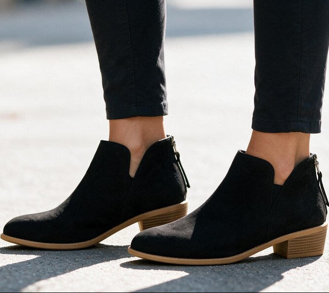 Bottines en Daim Talon Bloc | Bout Amande Confortable #couleur_noir