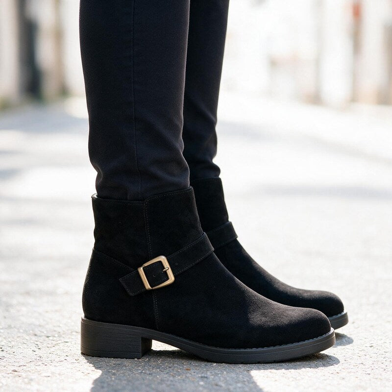 Bottines Plates à Boucle | Daim Souple Confortable – Noir #couleur_noir
