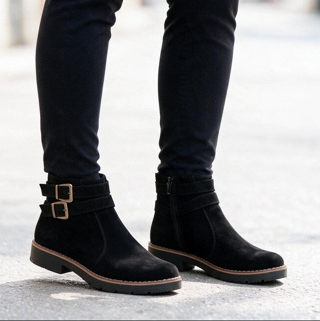 Bottines Plates à Boucle | Daim Souple Confortable #couleur_noir