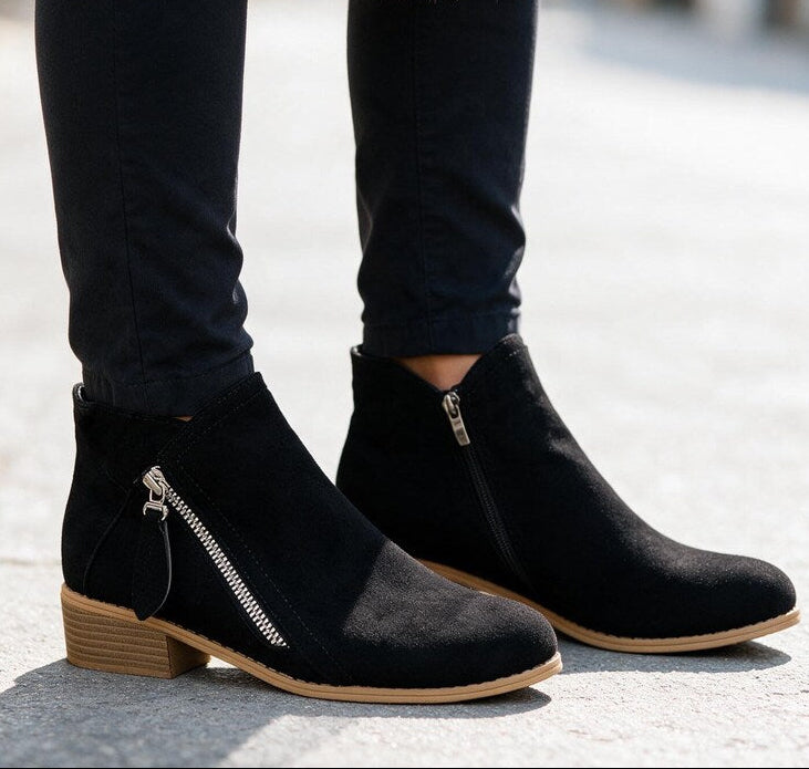 Bottines Plates Zip Latéral | Daim Souple Décontractées #couleur_noir