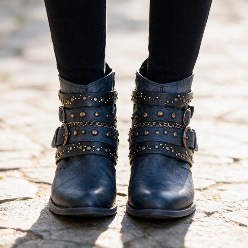 Bottines Western à Sangles Cloutées | Cuir Vieilli Décontractée – Bleu #couleur_bleu