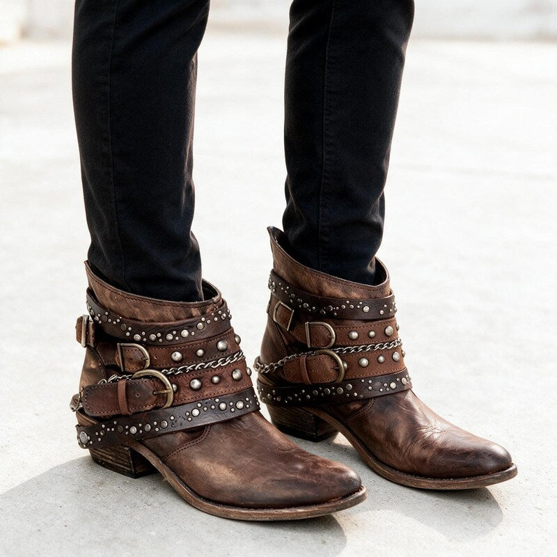 Bottines Western à Sangles Cloutées | Cuir Vieilli Décontractée – Marron #couleur_marron