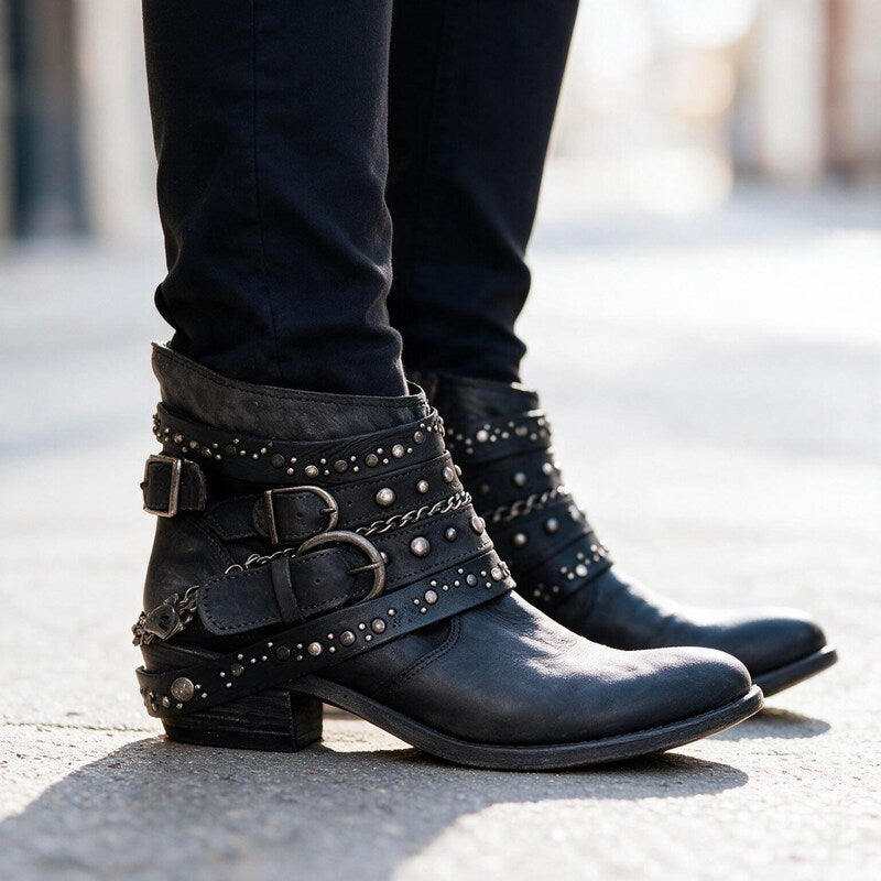 Bottines Western à Sangles Cloutées | Cuir Vieilli Décontractée – Noir #couleur_noir