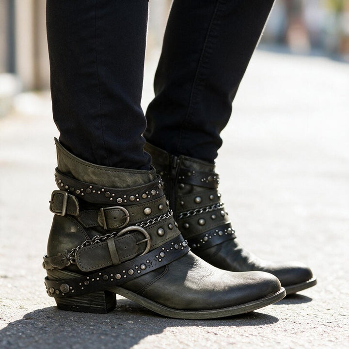 Bottines Western à Sangles Cloutées | Cuir Vieilli Décontractée – Vert olive #couleur_vert-olive