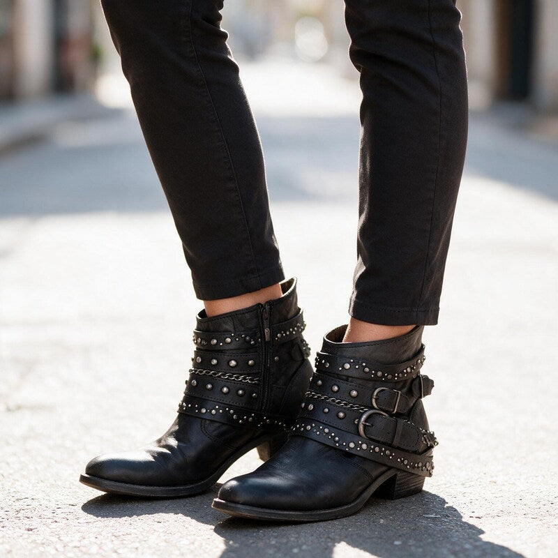 Bottines Western à Sangles Cloutées | Cuir Vieilli Décontractée #couleur_noir