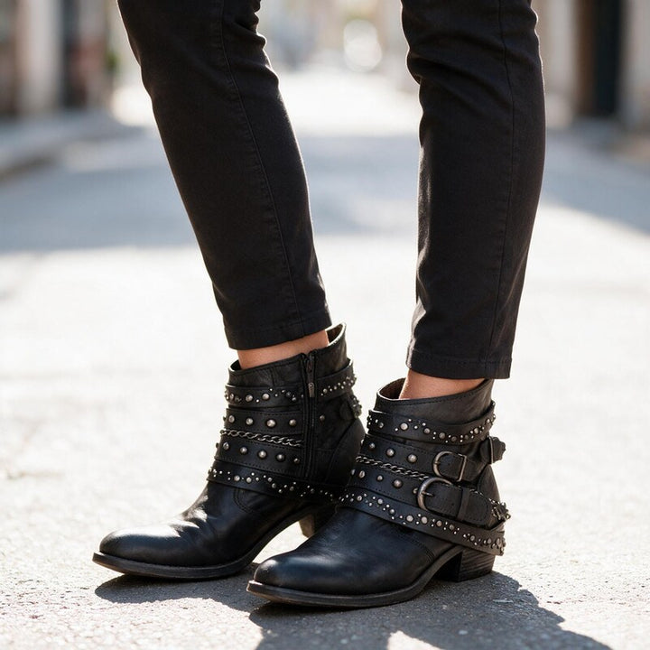 Bottines Western à Sangles Cloutées | Cuir Vieilli Décontractée #couleur_noir