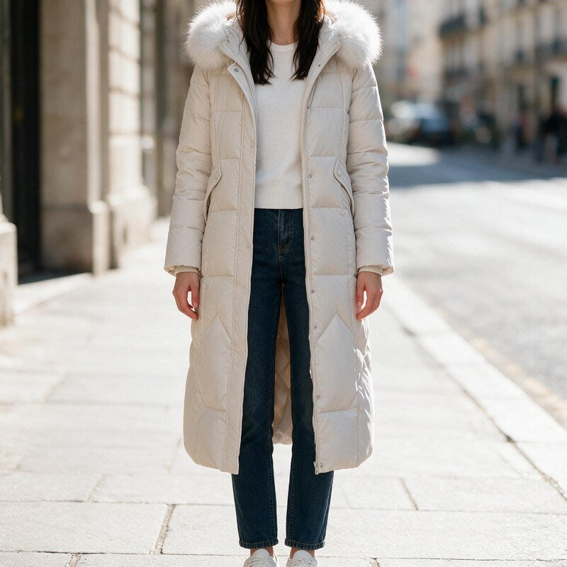 Doudoune Maxi à Bordure Fourrure | Capuche Doublée Chaleureuse #couleur_cru
