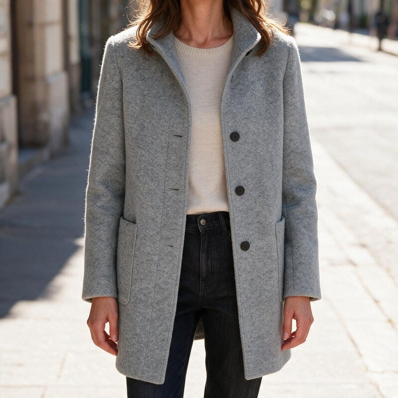 Manteau Court en Laine Bouillie | Petit Col Cranté Moderne #couleur_gris
