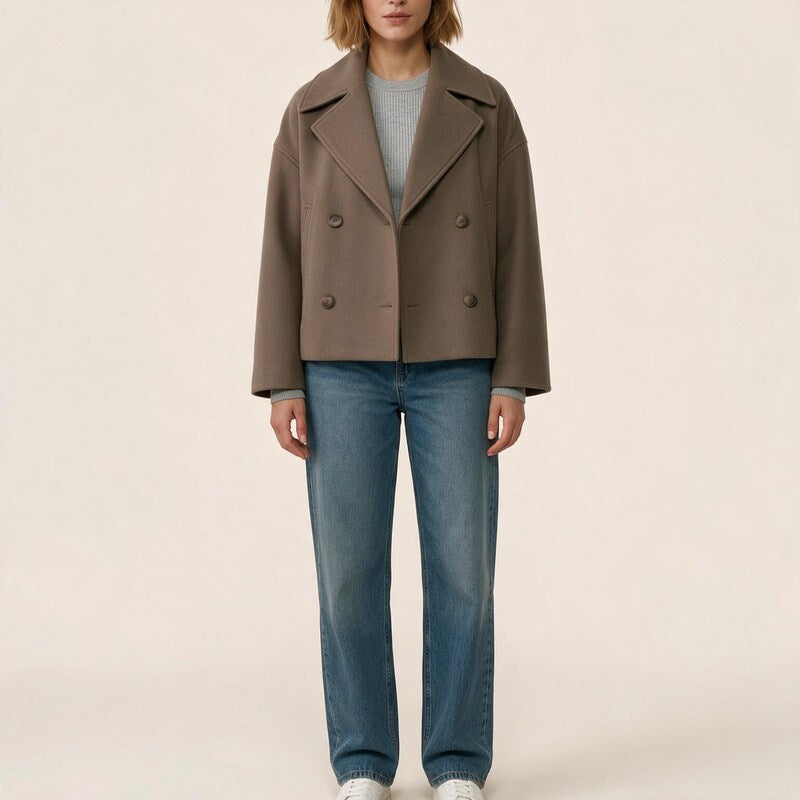 Manteau Court en Laine | Épaules Tombantes Décontracté #couleur_taupe