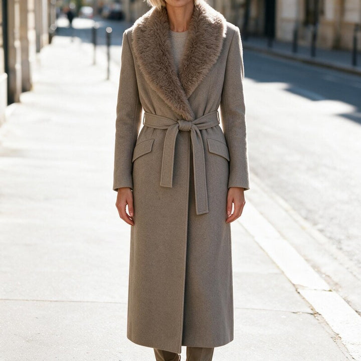 Manteau Long Col en Peau Lainée | Ceinture à Nouer Chic #couleur_taupe
